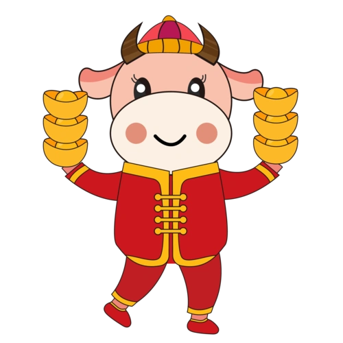 新年牛年红色卡通可爱牛拿着金元宝
