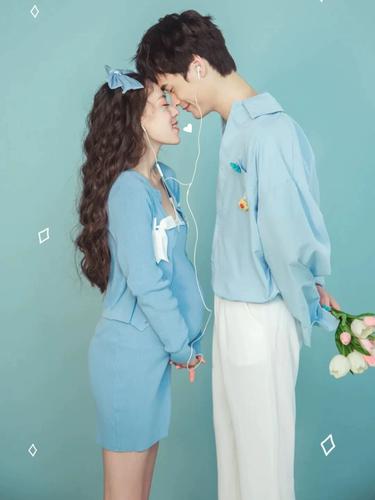 孕妇拍照服装影楼私房新款小清新个人写真艺术照蓝色套装摄影衣服