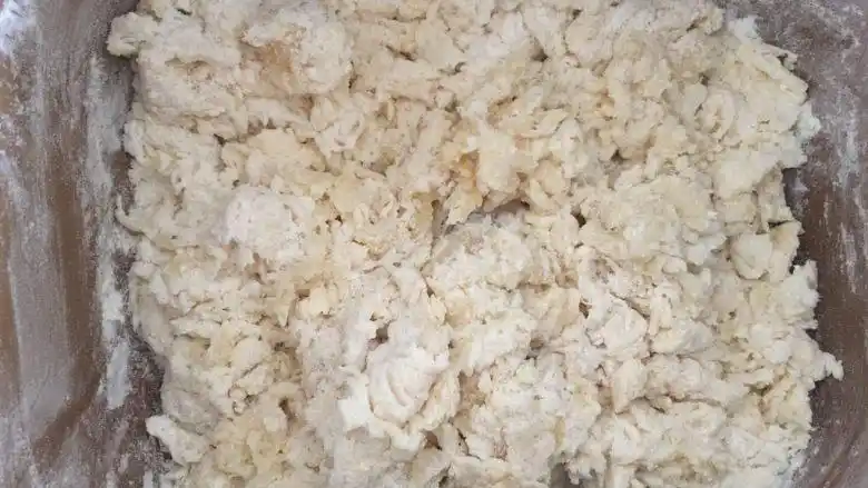 "多肉"手撕包,用筷子搅拌成棉絮状开始揉面程序