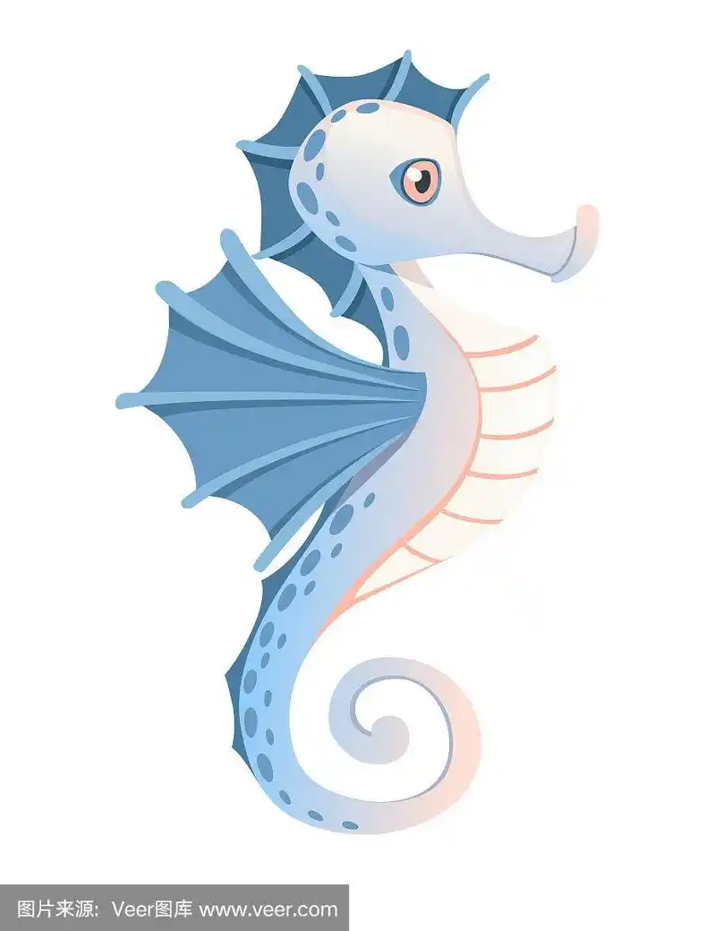 可爱可爱的蓝色海马卡通海洋动物设计平面矢量插图孤立在白色的背景