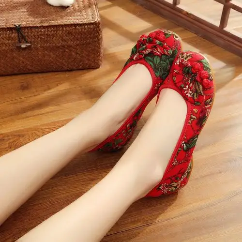 老北京绣花单鞋东北花布厚底印花女鞋广场舞鞋民族风跳舞鞋休闲鞋