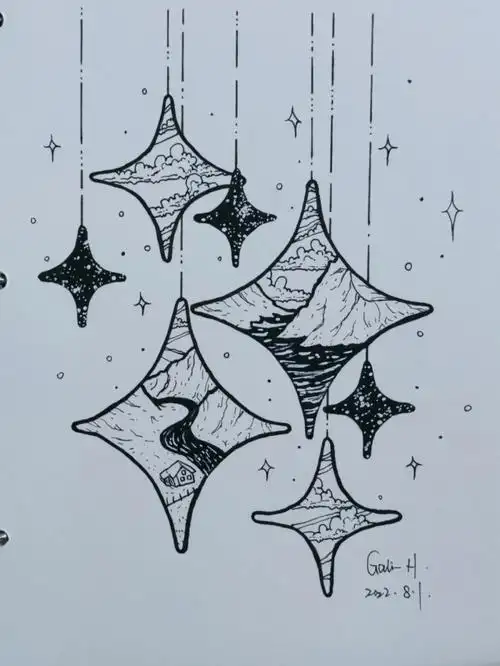 星辰里的秘密简笔画黑白创意插画手绘稿