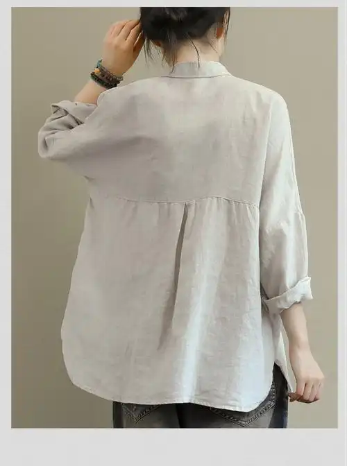 浪莎日韩尾单品牌剪标女装印花苎麻衬衫女长袖亚麻料休闲棉麻上衣女士