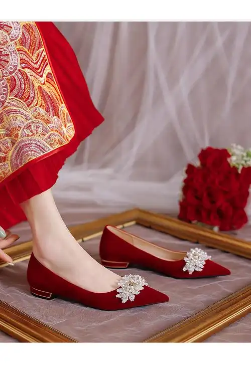 平底婚鞋女孕妇可穿秀禾鞋红色新娘鞋防滑中式敬酒服结婚鞋子单鞋