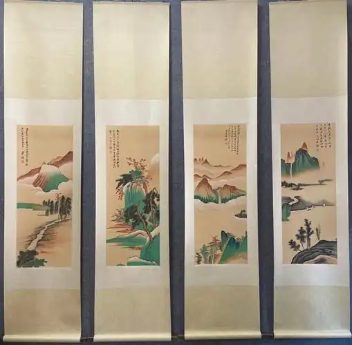 旧藏张大千精品绢本四景山水画规格单