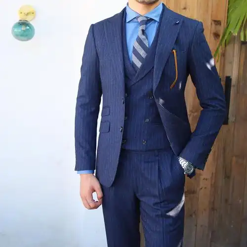 鹿三先生韩版男装正装深蓝色戗驳领条纹西服套装日系原宿休闲西装