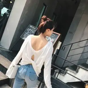 后背 韩版露背简约打底衫上衣女潮 2017秋装新款后背交叉竹节棉长袖