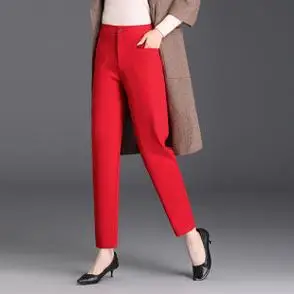 新款女加绒加厚哈伦裤显瘦休闲裤秋冬季红色九分萝卜裤大码高腰裤