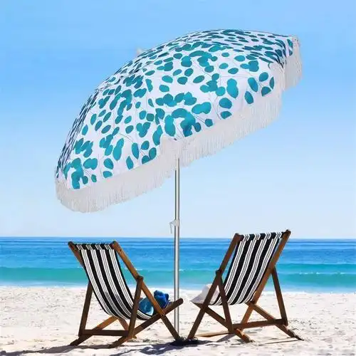 供应庭院蓝色斑点木质流苏太阳伞室外遮阳防水防晒海边沙滩伞