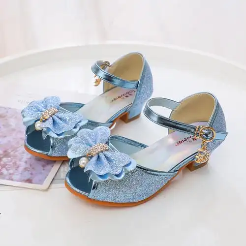 女童凉鞋夏季儿童高跟鞋亮片爱莎公主鞋蓝色宝宝夏天鞋子工厂直销