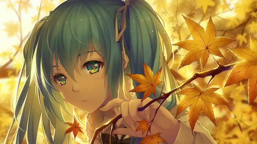 黄色枫叶下的初音未来唯美电脑壁纸-动漫-3g电脑壁纸图片