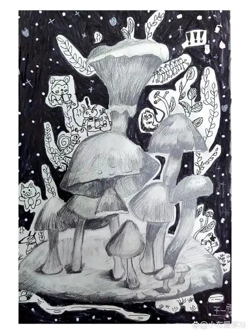 学生作品—创意素描《蘑菇