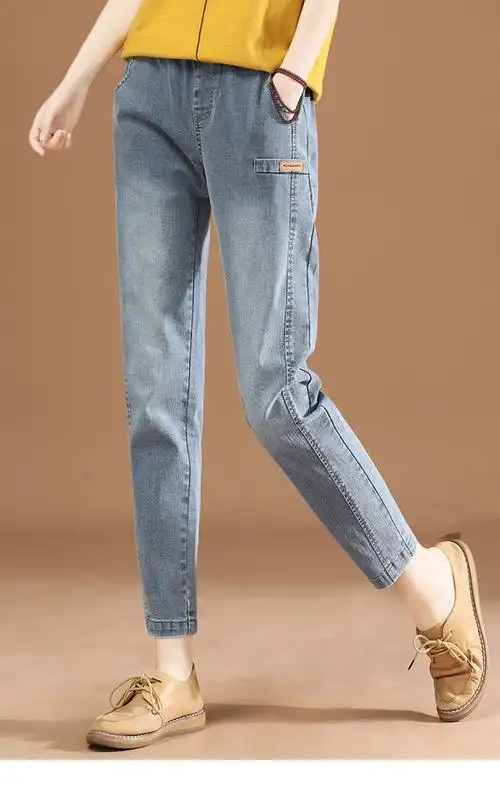 牛仔裤女2021年秋装新款松紧腰宽松休闲哈伦裤长裤子薄款潮pt0662