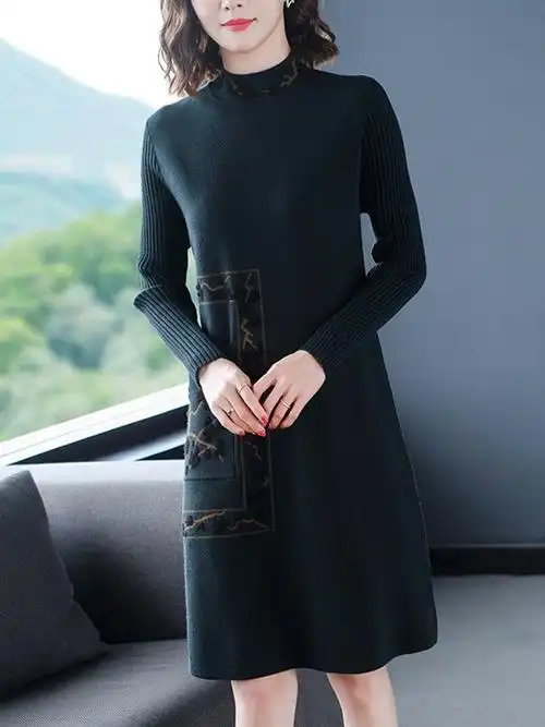 女羊毛加厚连衣裙2021新款妈妈冬装中长毛衣裙打底衫大码—中老年女装