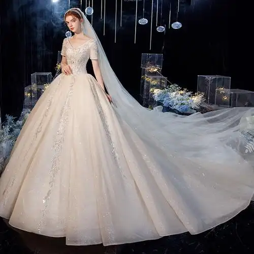 高档v领婚纱2020新款气质新娘高腰星空拖尾一字肩森系超仙梦幻轻