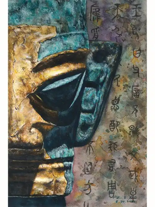 水彩手绘三星堆青铜面具