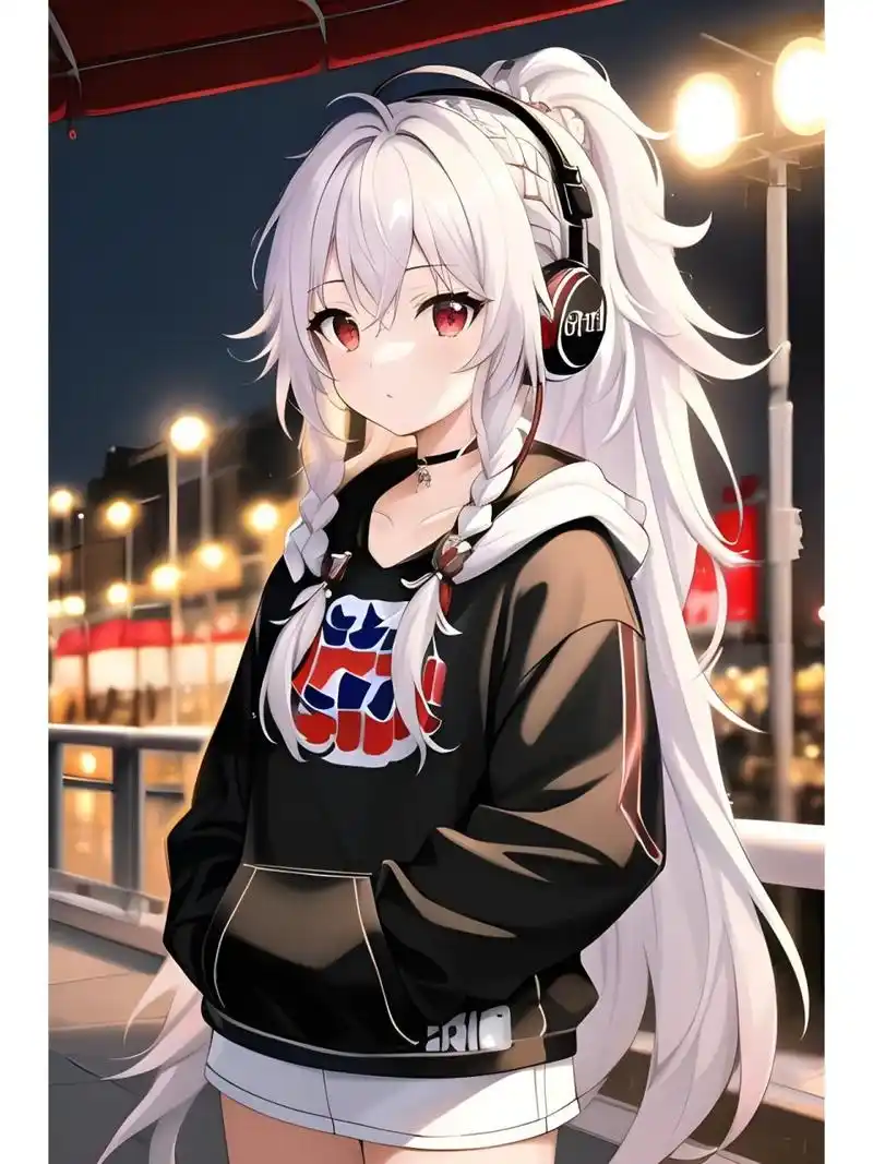 夜晚戴耳机的优雅女孩,动漫二次元绘画人物 #西安随手拍#0202#二