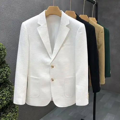 华夫格白色西装外套男修身帅气单西服2022新款男士轻商务秋装上衣