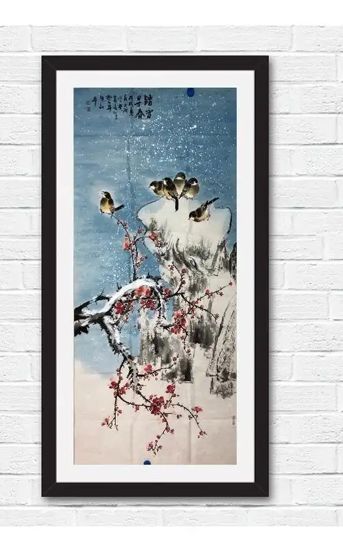 花鸟踏雪寻春作品纯手工毛笔绘画69cm13