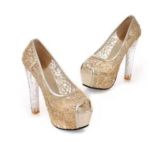 新款欧美范金色蕾丝鱼嘴恨天高高跟鞋凉鞋女鞋 金色 36
