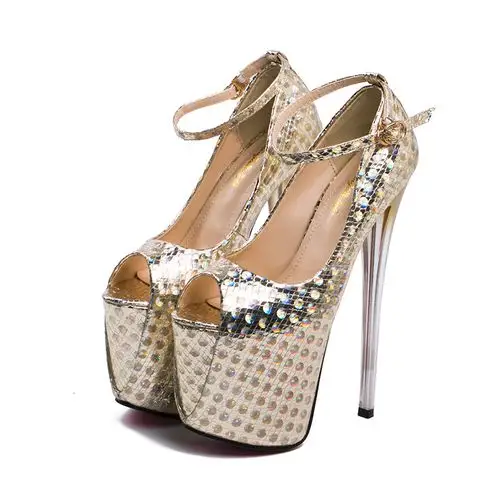 秋冬新款超高细跟恨天高19cm鱼嘴8cm防水台金色婚鞋大码41-47女鞋