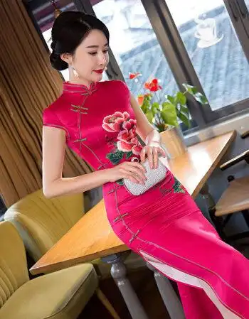 夏季2018新款女中国风显瘦中式宴会礼仪走秀中长款旗袍连衣裙 玫红色