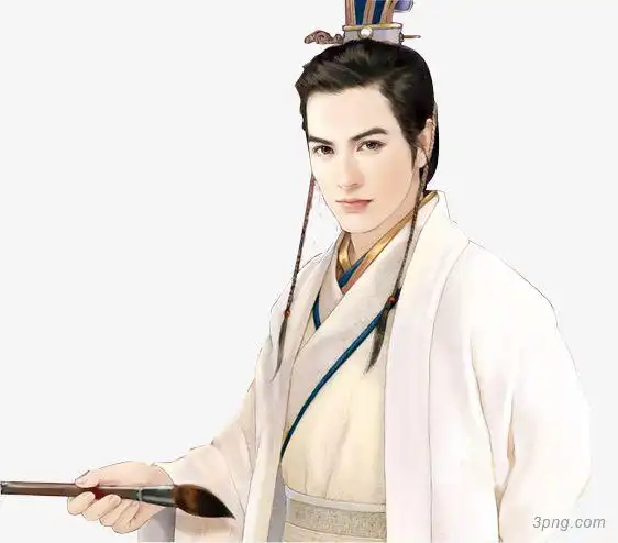 手执毛笔身着白衣的古风美男
