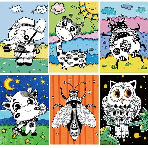 创意美术彩色线描临摹元素少儿儿童画素材范画贺卡