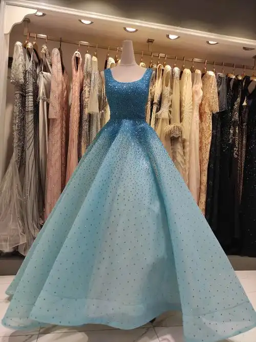 实拍高端晚礼服清秀湖蓝奢华水晶双肩背心式钻石闪亮主题晚会长裙