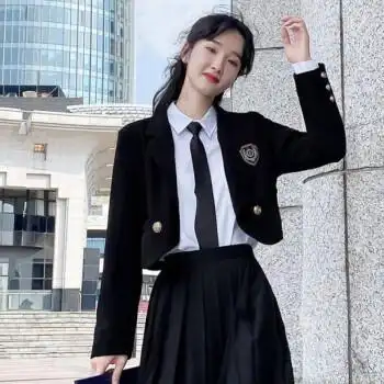 初中生夏季校服运动会班服生合照套装潮m单件女生短款西装黑领带xs