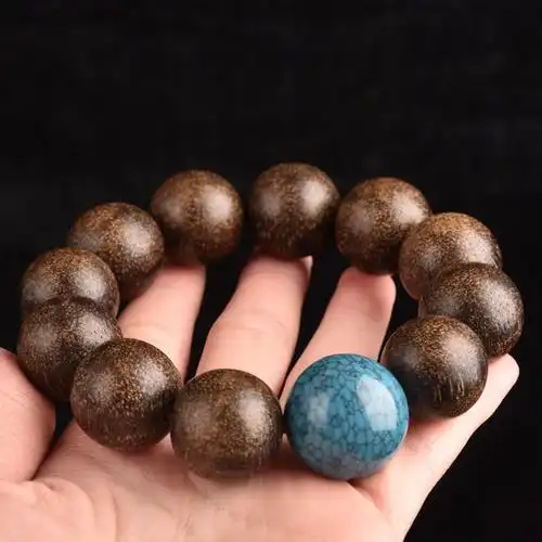 越南老料沉香20mm文玩佛珠手串搭绿松石顶珠手串