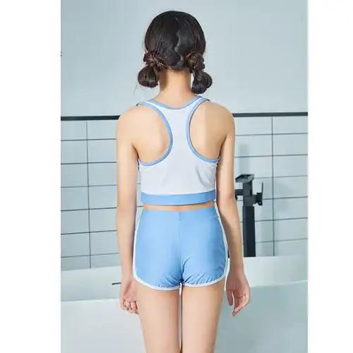 2021新款儿童泳衣 运动背心平角裤分体网纱三件套分体大童泳装女
