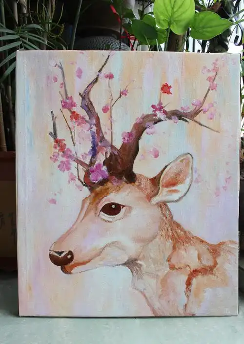 原创油画作品收藏 纯手绘亚麻布无框画梅花鹿 装饰画现代抽象简约 柳