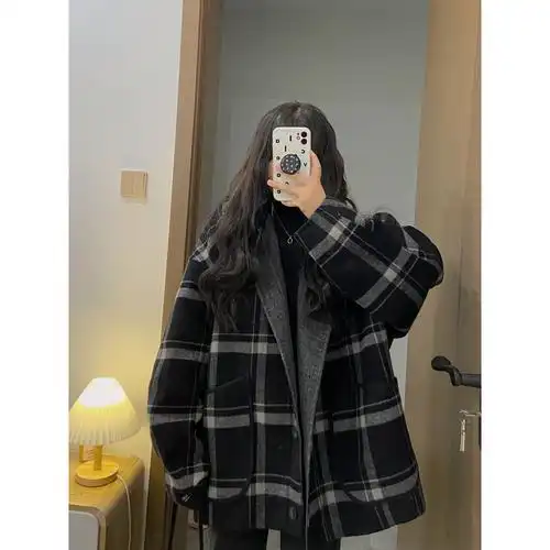 新款韩版气质宽松港味复古格子毛呢外套女中长款学生呢子大衣优惠券