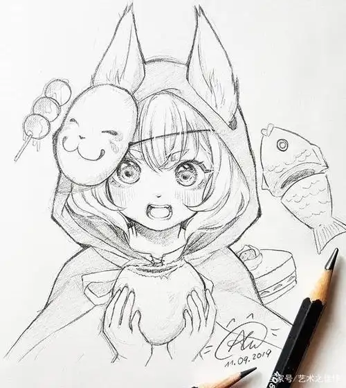 铅笔手绘卡通美少女线稿,画风爱了