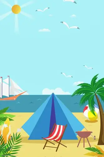 卡通夏日海边沙滩上的帐蓬