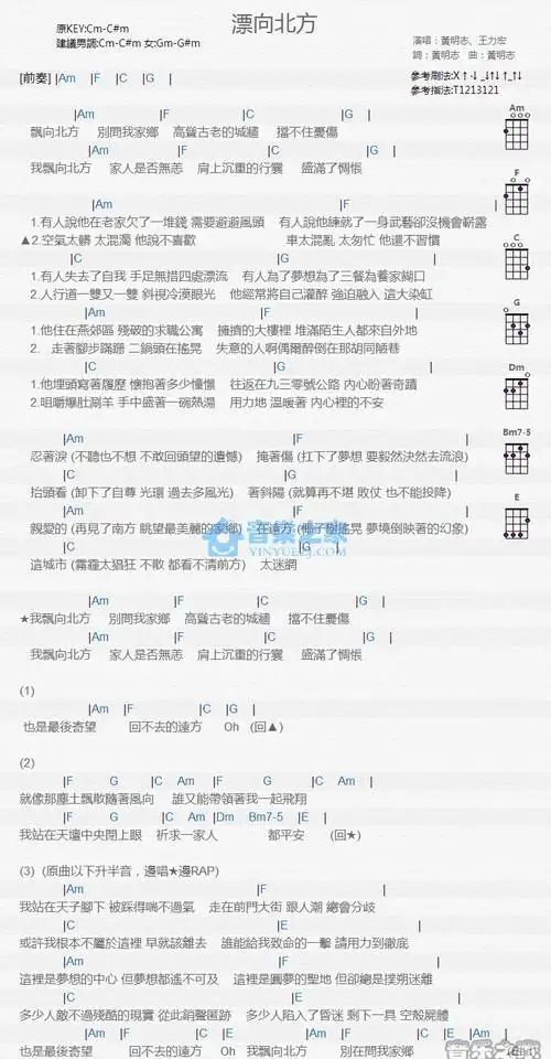 飘向北方尤克里里谱弹唱版a调精选版音乐之家编配王力宏