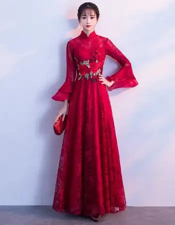 中式新娘敬酒服冬季长款2017新款结婚礼服红色中袖新娘婚礼晚礼服 酒