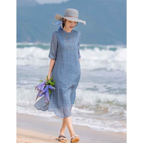 原创绣花短袖苎麻旗袍文艺复古气质宽松刺绣苎麻连衣裙女 湖蓝炒色 s