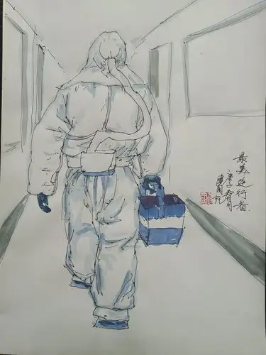 平凉市崆峒区大寨中学教师贺建国速写前方战"疫"斗士,向白衣战士致敬!