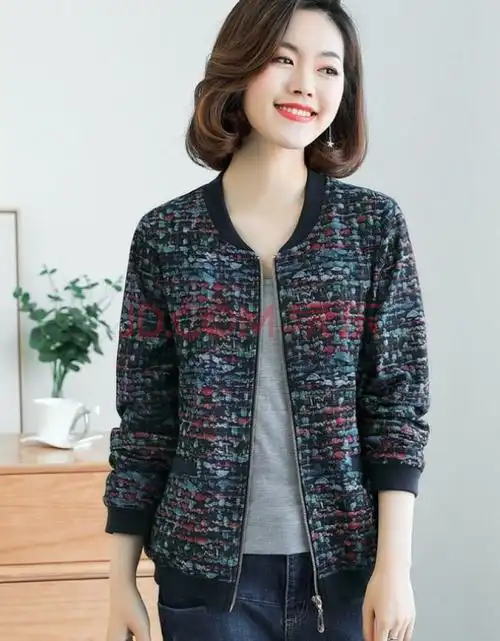 短外套女春装中年女装休闲小外套春秋款大码圆领棒球服 蓝花 3xl