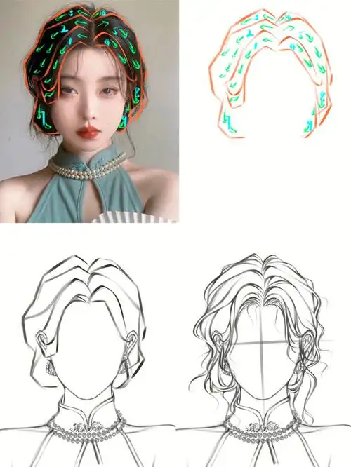 4组女生头发线稿的详细绘画方法