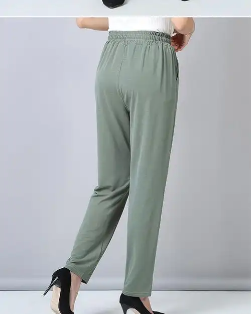 裤子宽松长裤弹力直筒休闲裤妈妈冰丝女裤青绿加桔色2xl体重110130斤