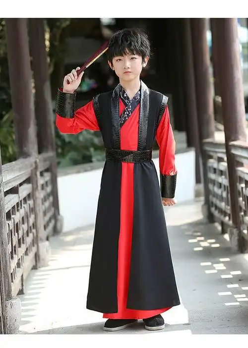 国学演出服小男孩古风公子少爷服黑红色套装折扇靴子110建议身高95110