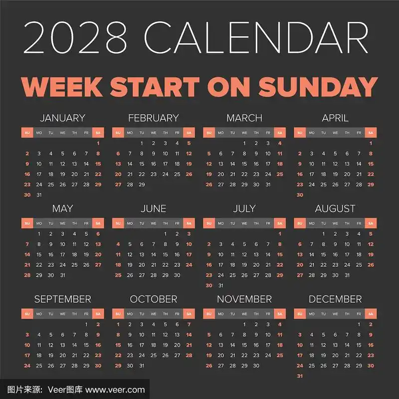 简单的2028年日历