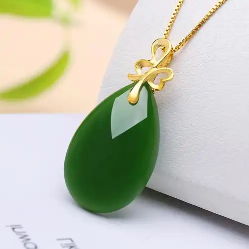 印象眸黄金足金镶和田玉吊坠女款碧玉水滴菠菜绿玉石吊坠节日礼盒