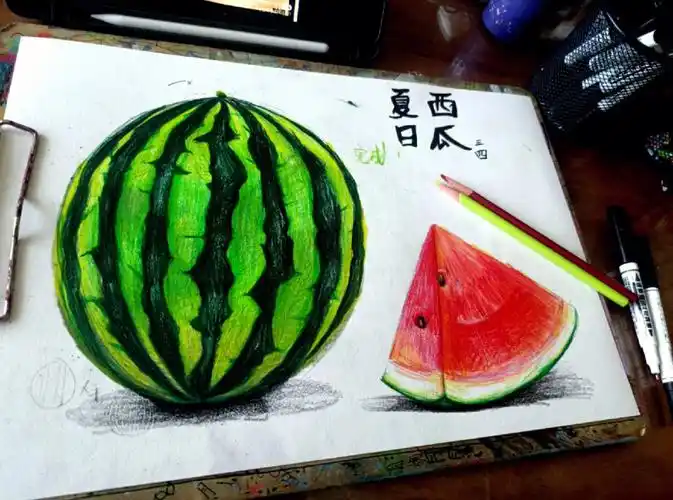 夏日西瓜彩铅绘画