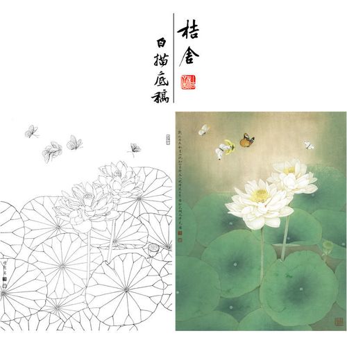 李晓明工笔画白描底稿荷花蝴蝶花鸟线稿带步骤图用色说明画稿ke12