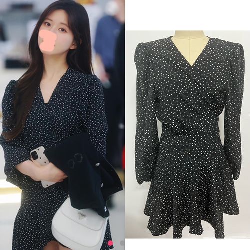 偷偷藏不住赵露思桑稚同款黑色v领波点连衣裙气质荷叶边系带裙子