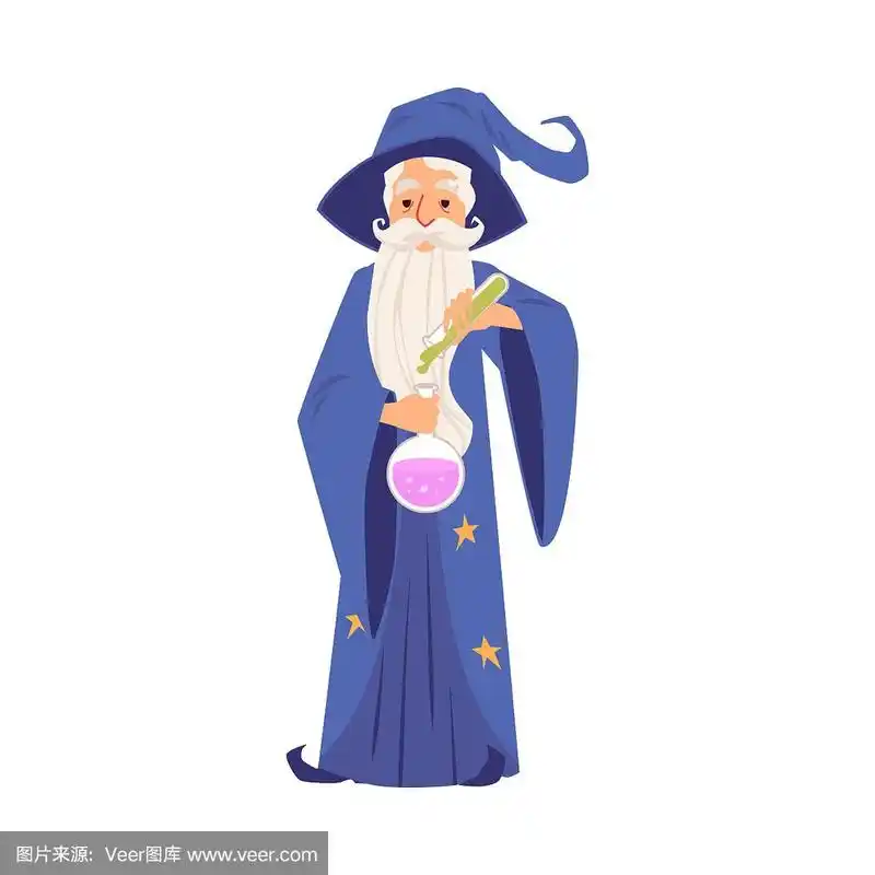 穿着长袍和帽子的老巫师,手持试管和烧瓶的卡通风格